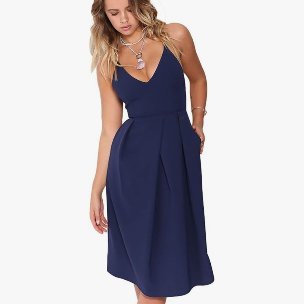 Navy Blue Pleated Midi Sundress Halter Neck with Pockets